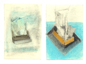 Scheursels in een doosje 16 cm x 24 cm - Pastelkrijt op papier - Mariënvelde, 2018